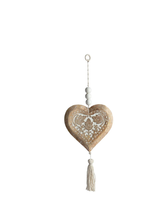 Handcrafted Mango Wood Heart w/Beads & Tassel