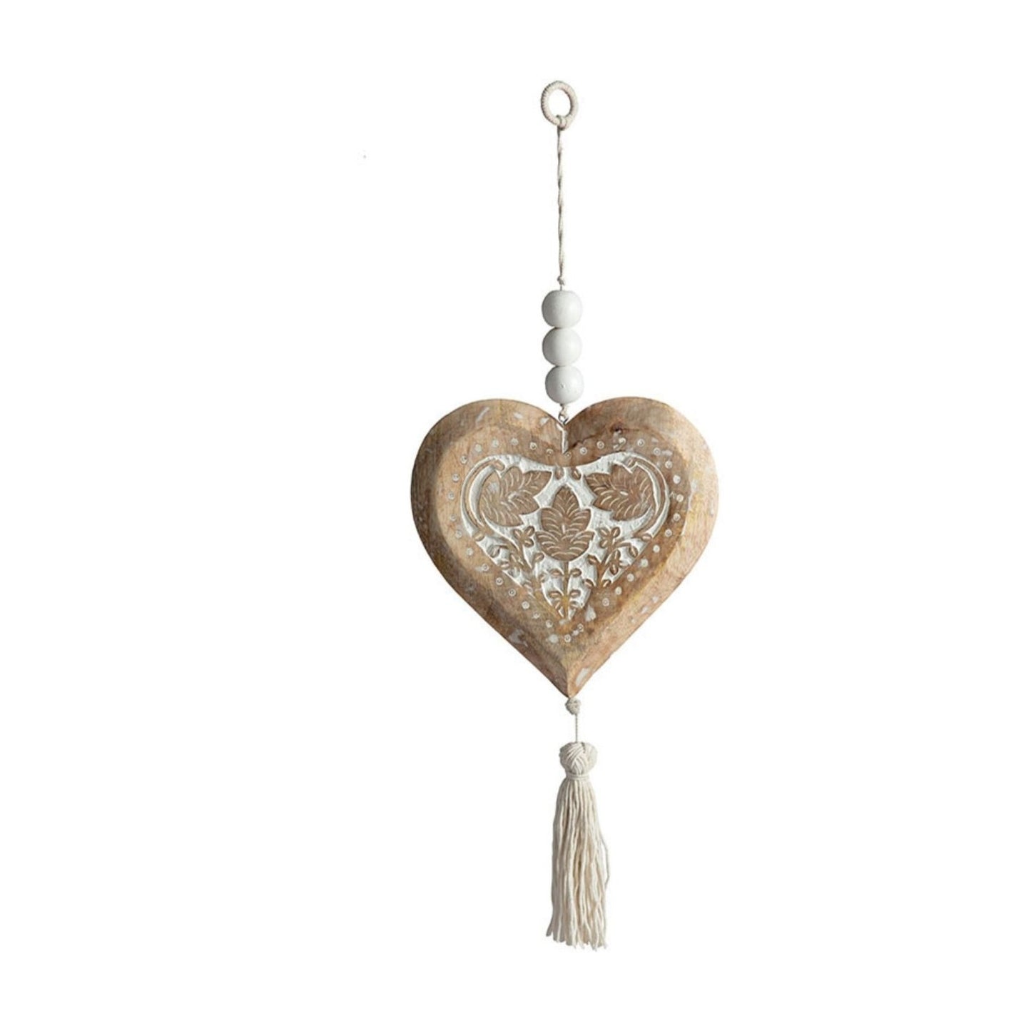 Handcrafted Mango Wood Heart w/Beads & Tassel