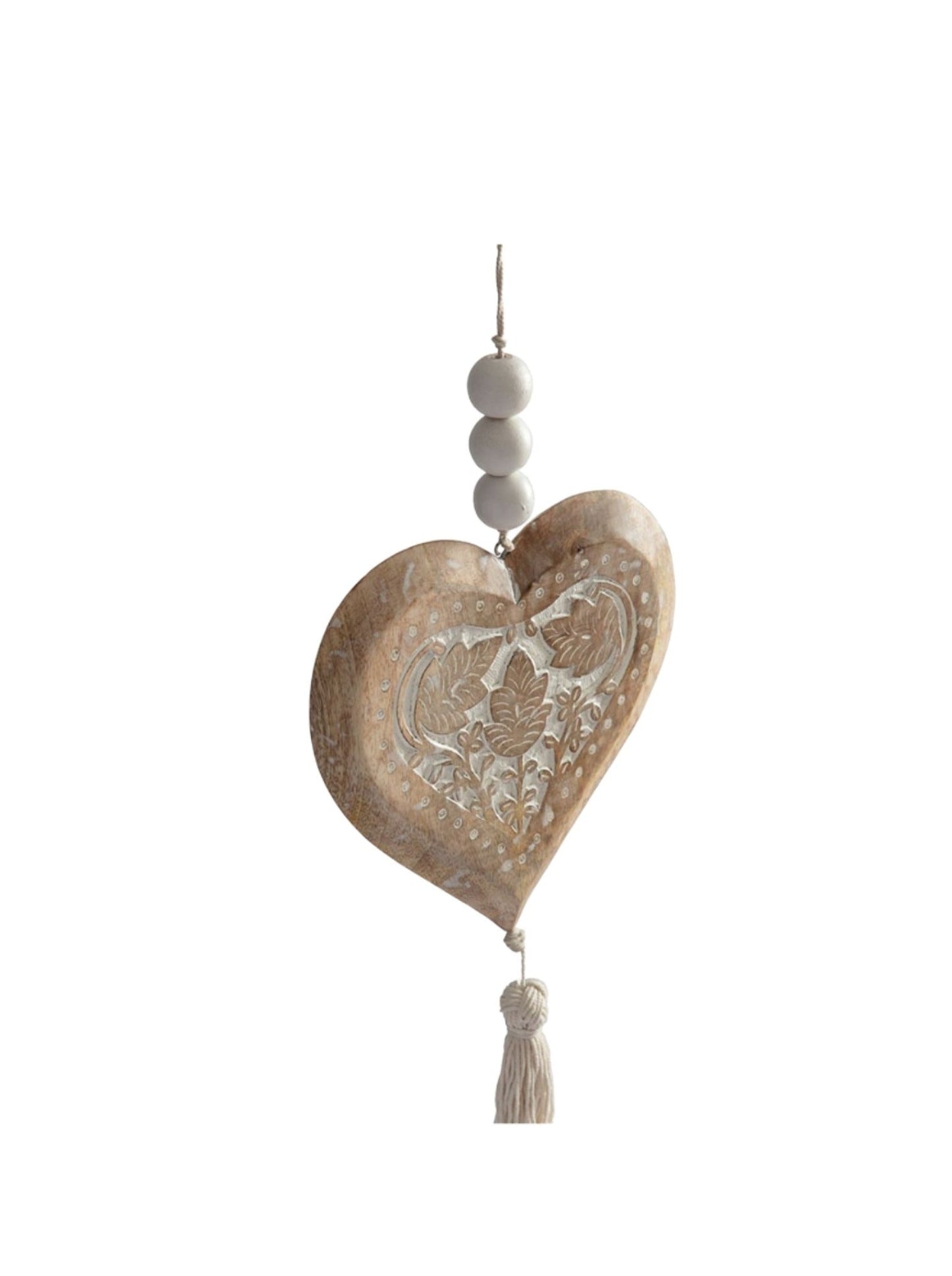 Handcrafted Mango Wood Heart w/Beads & Tassel