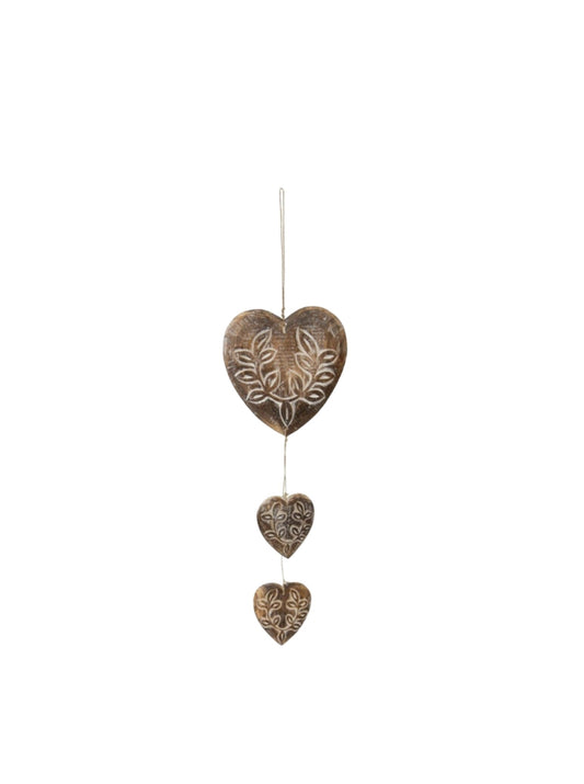 Triple Carved Wood Hanging Hearts