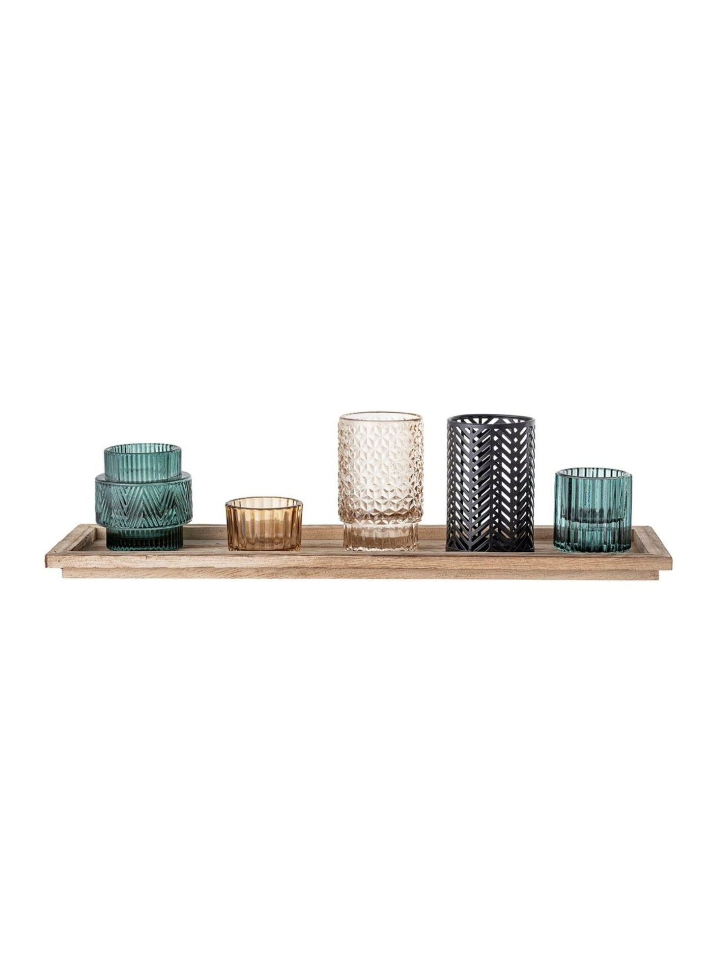 Multi Coloured Set of Glass Votives with Wooden Tray