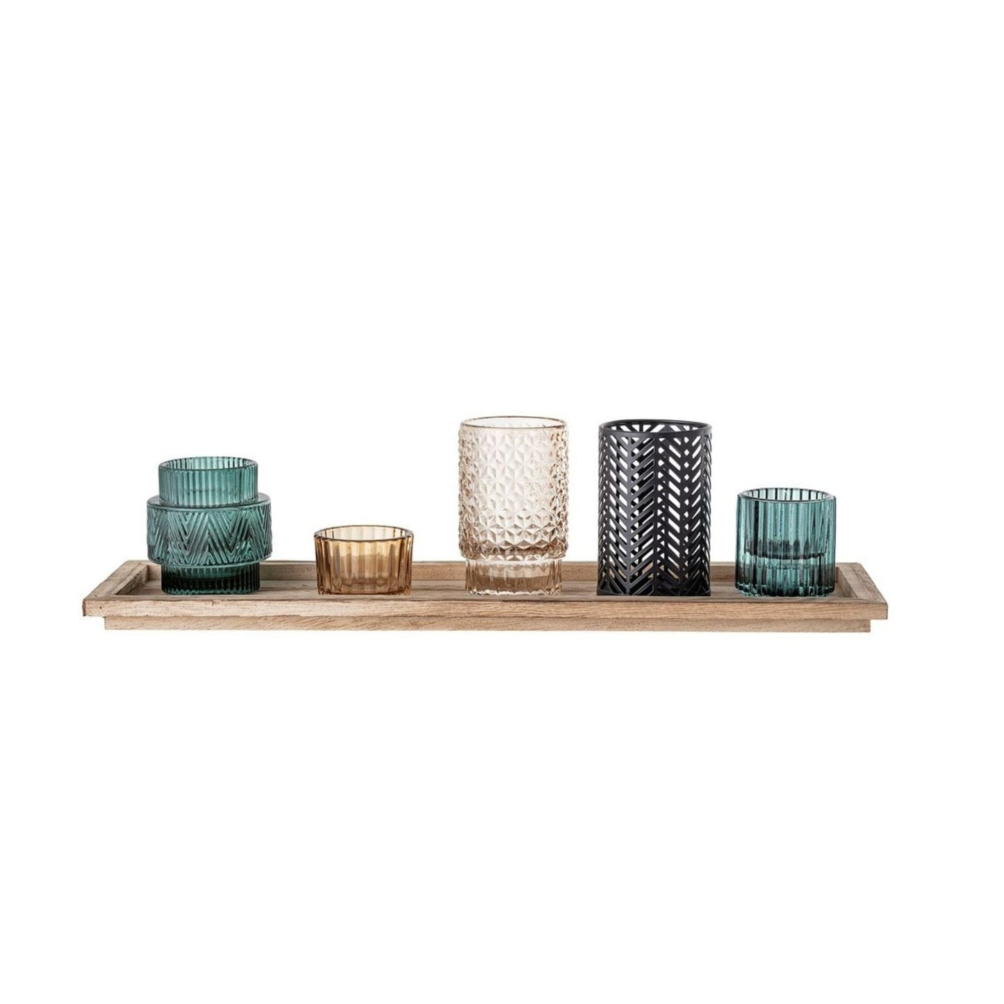 Multi Coloured Set of Glass Votives with Wooden Tray
