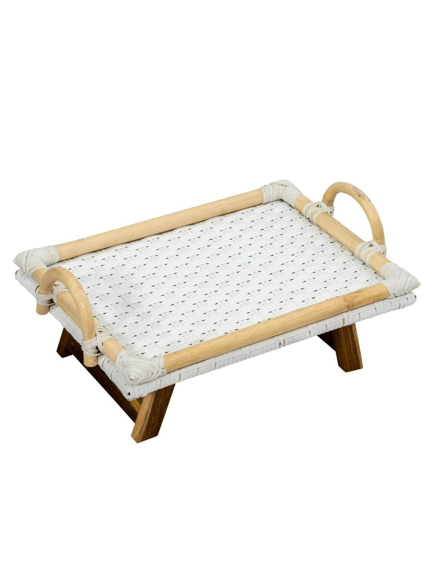 Soassy Rattan Breakfast Tray With Folding Teak Legs - White
