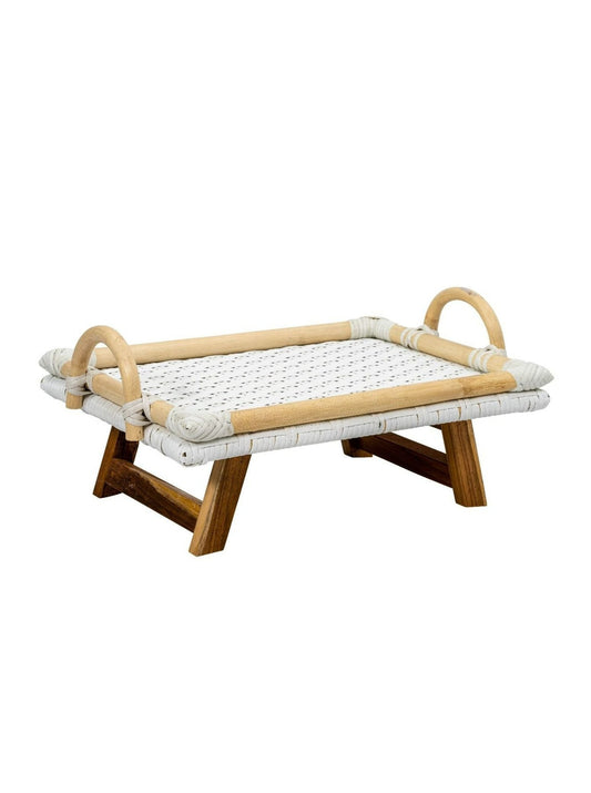 Soassy Rattan Breakfast Tray With Folding Teak Legs - White