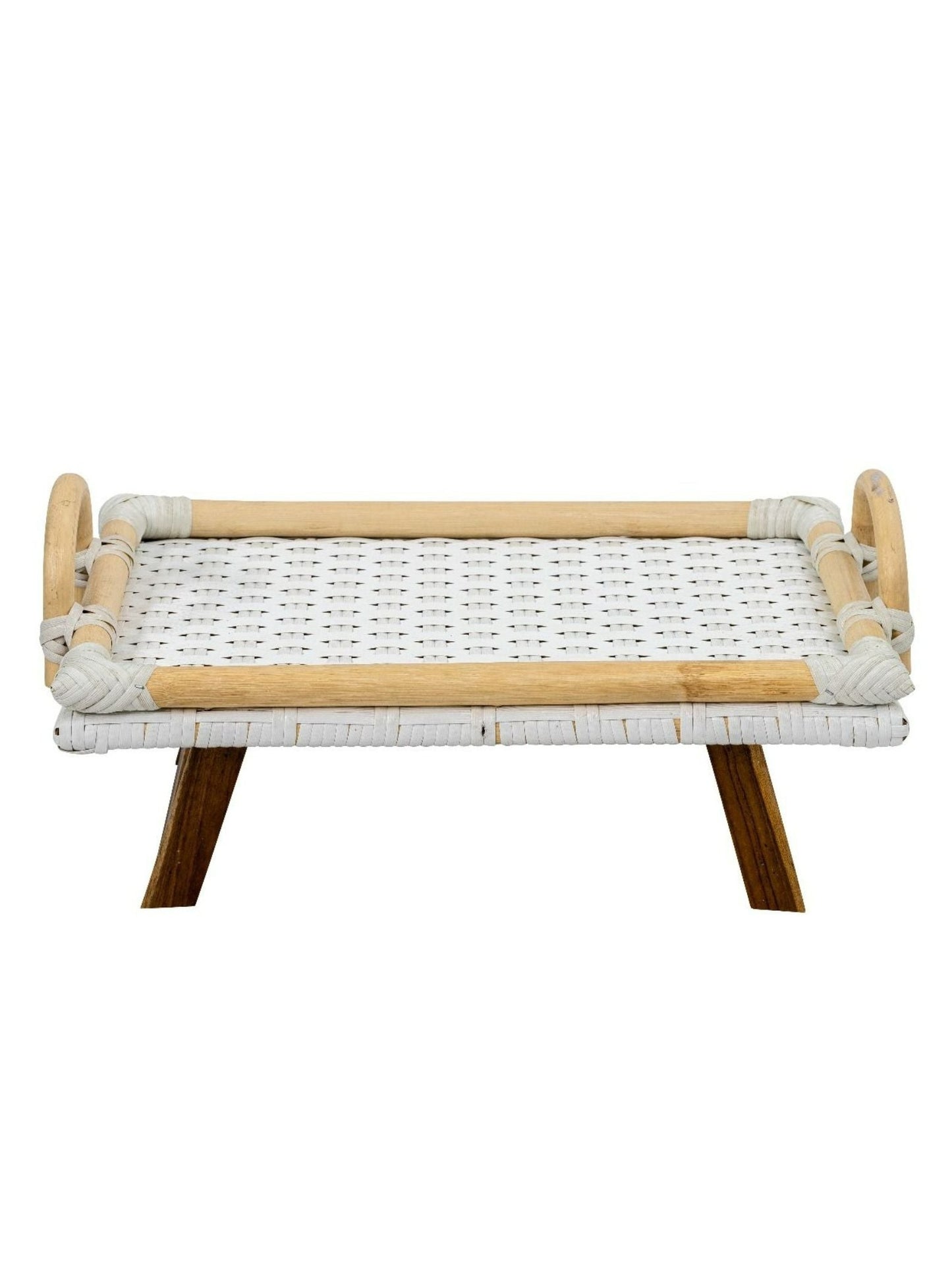 Soassy Rattan Breakfast Tray With Folding Teak Legs - White