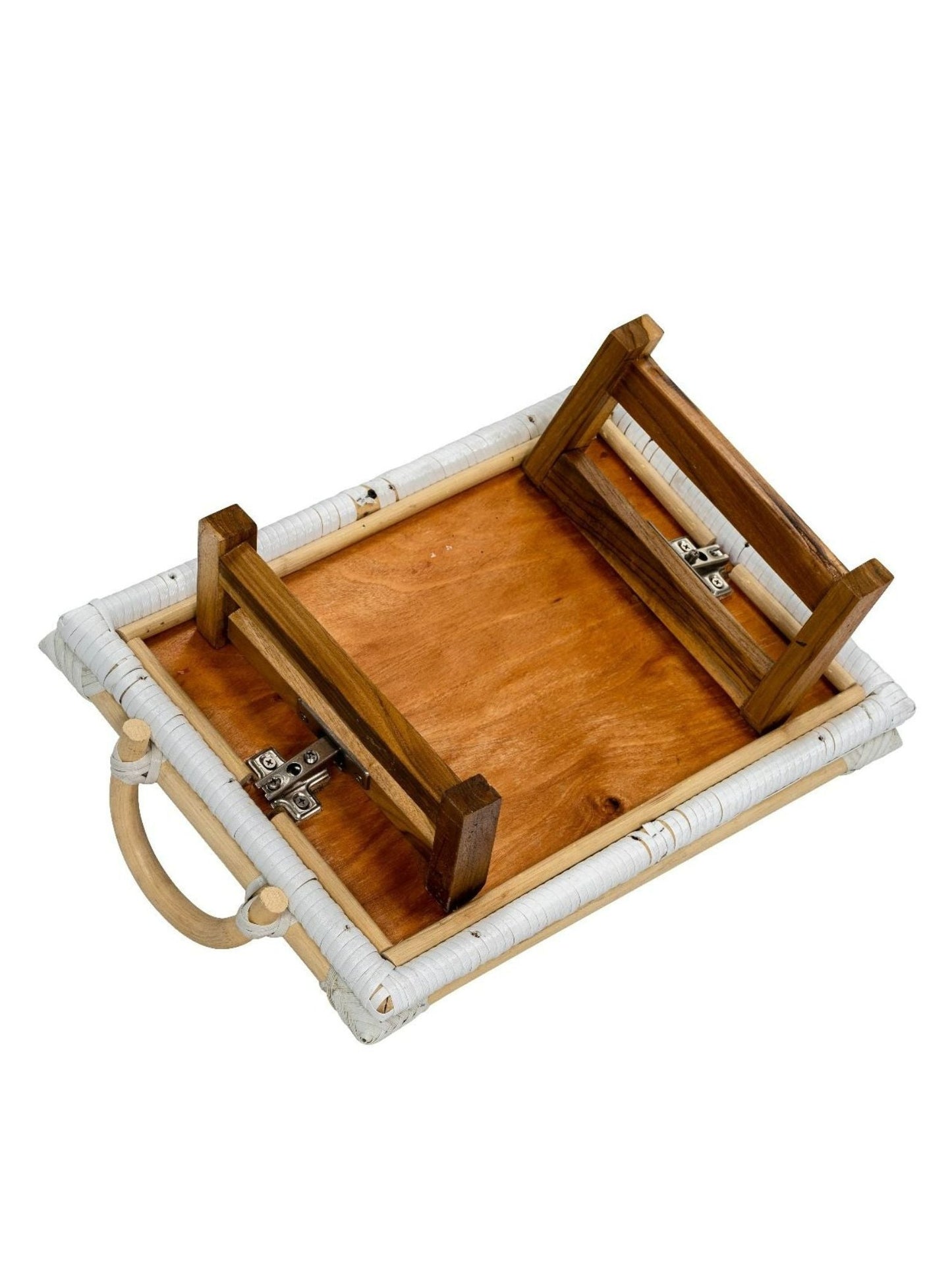 Soassy Rattan Breakfast Tray With Folding Teak Legs - White
