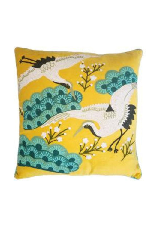 Japanese Crane Cushion - Yellow Multi
