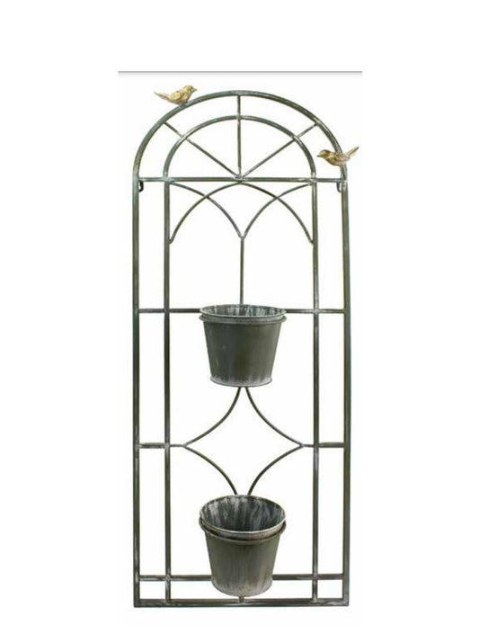 Metal Wall Planter with 2 pots and Gold Birds