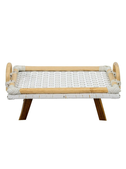 Soassy Rattan Breakfast Tray With Folding Teak Legs - White